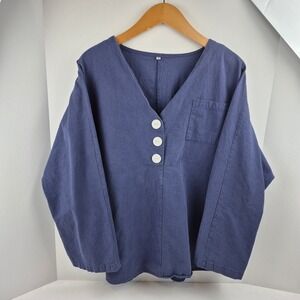 Blue V-Neck Long Sleeve Button Front Pocket Lagenlook Tunic Top Women's Size XL